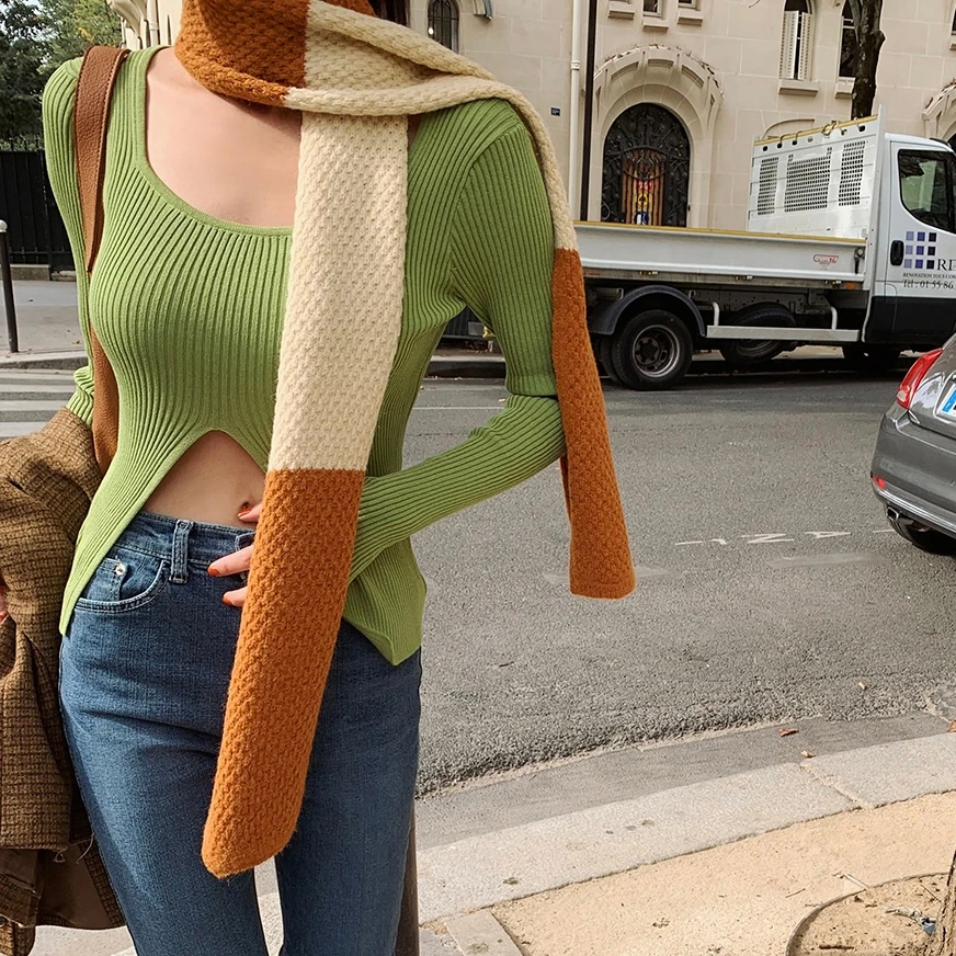

Design Chic Ins Korean Fashion Solid Sexy Square Collar Sweater Women Long Sleeve Cut Out Slim Knitting Pullover Green Jumpers