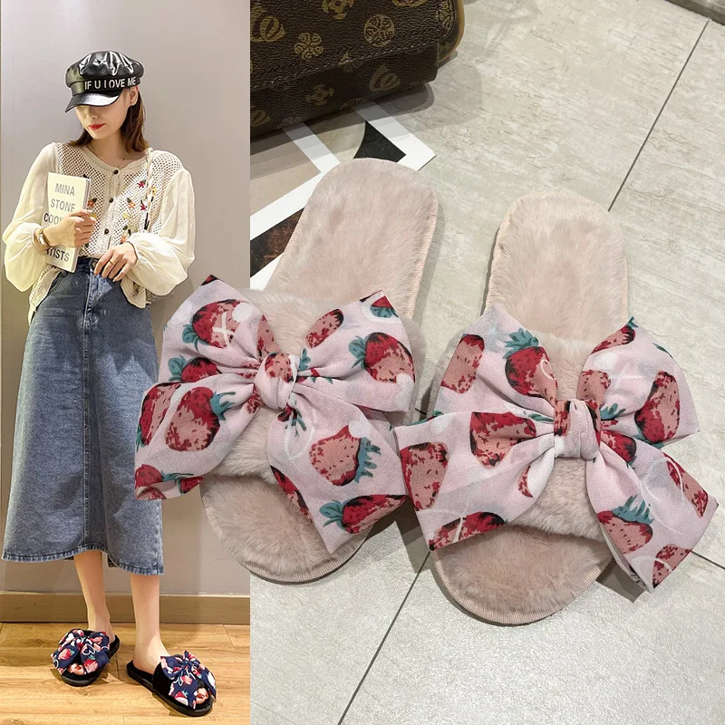 

Fruit Bow Plush Slippers Women Wear Fashionable Plush Home Slotted Cotton Slippers In Autumn and Winter Ladies Slippers