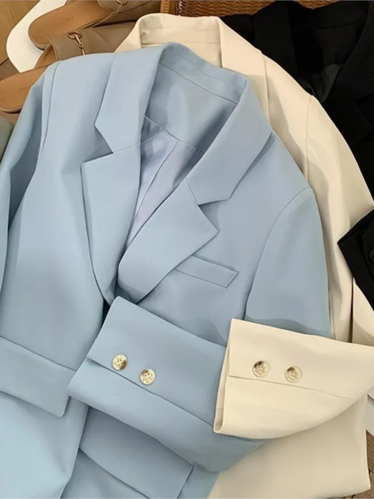 Spring Autumn Fashion Long Sleeve Blazer Women Temperament Solid Lapel Blue Single-Breasted Jacket Office Lady Coat