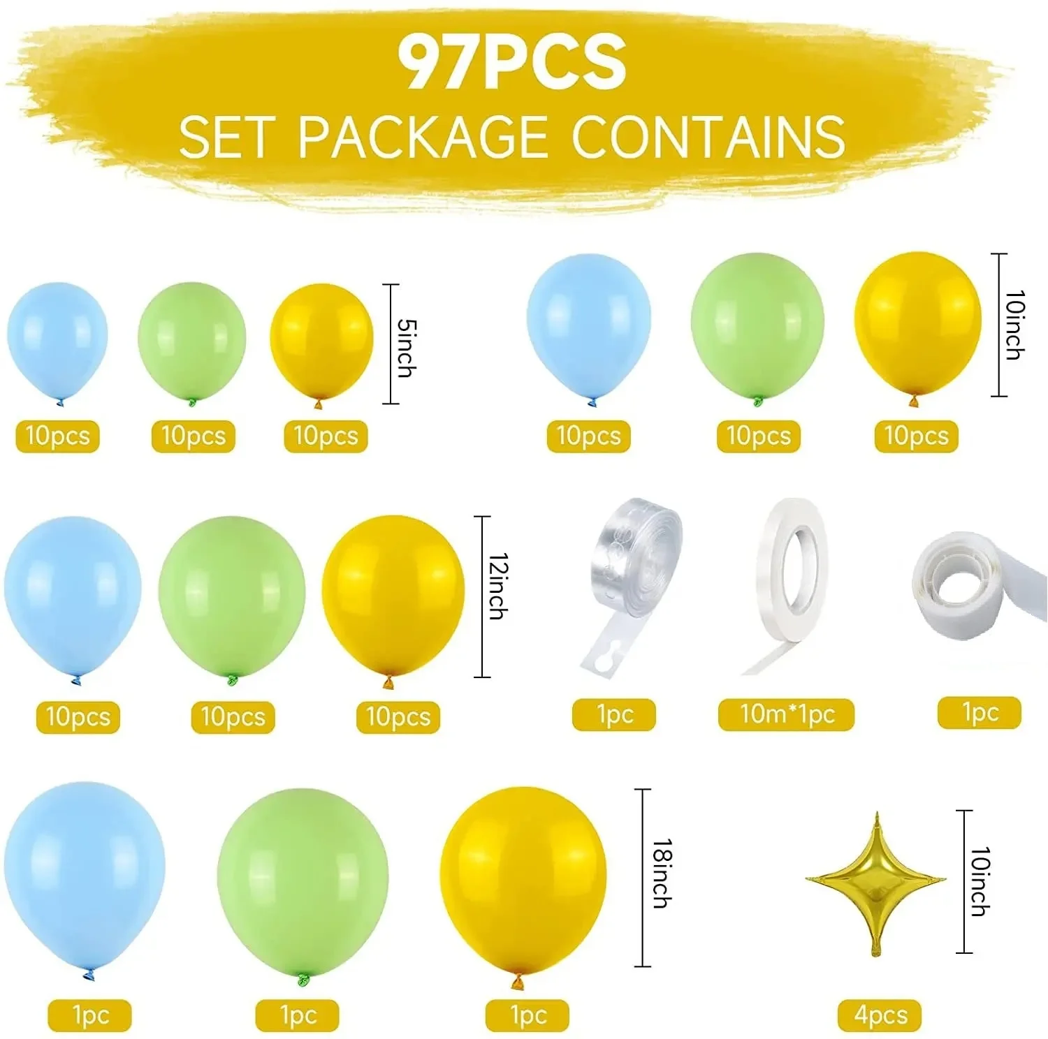 Набор колец с голубыми и желтыми фруктами зелеными шарами 100 шт.