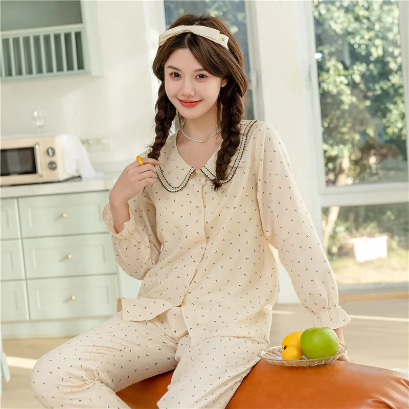 2023 Spring and Autumn New Pajamas Women's Woven Cotton Cute Doll Collar Floral Long-Sleeved Trousers Homewear Suit