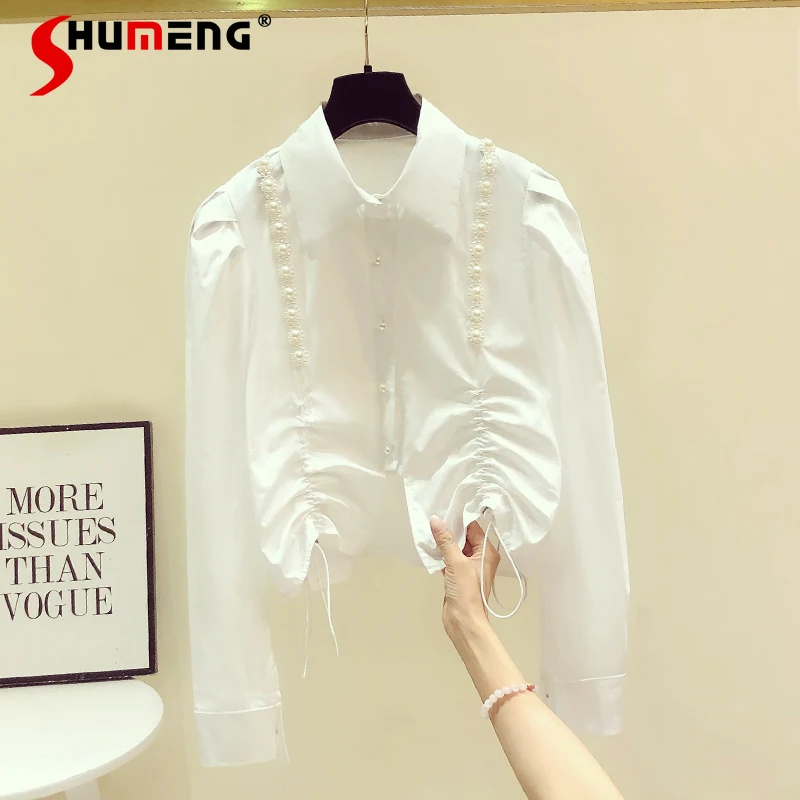

French Woman Polo Collar Beaded Puff Sleeve Button Up White Blouse Spring 2022 New Trimming Waist Short Drawstring Ladies Tops