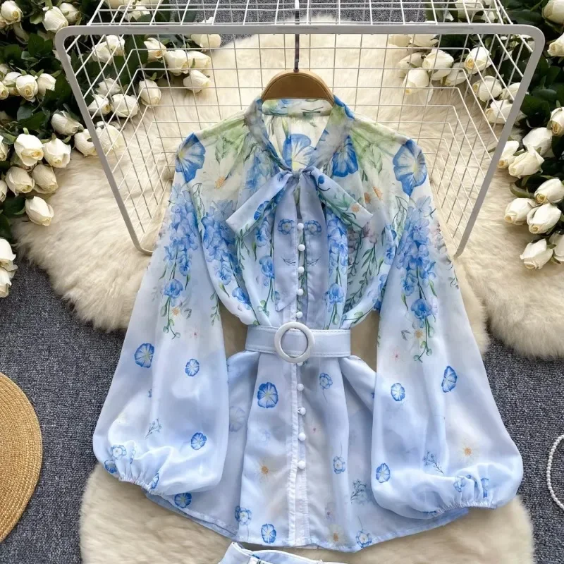 Женский комплект из двух предметов шифоновая блузка с цветочным принтом бантом