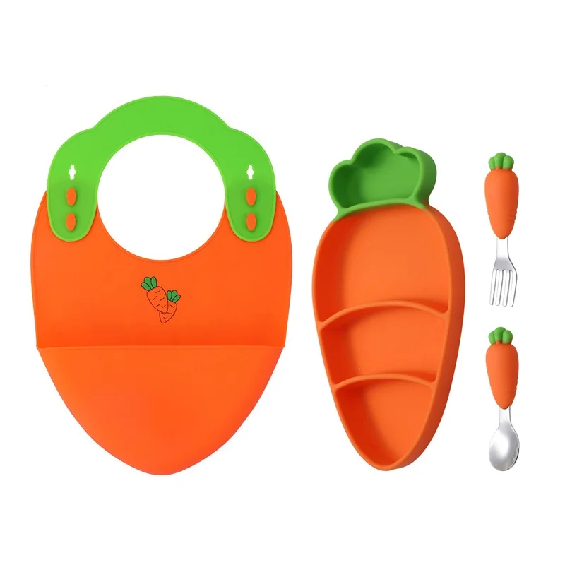 

Baby Silicone Dinner Bowl Cartoon Carrot Tableware Children Dinner Plate Fork Spoon Bib Infant Baby Food Supplement Grid Plate