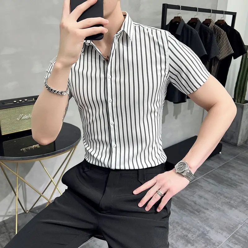 2022 Autumn New Korean Fashion Casual Button Down Shirt Men Design Brand Slim Fit Man Shirts Short Sleeve Striped Shirts S-4XL