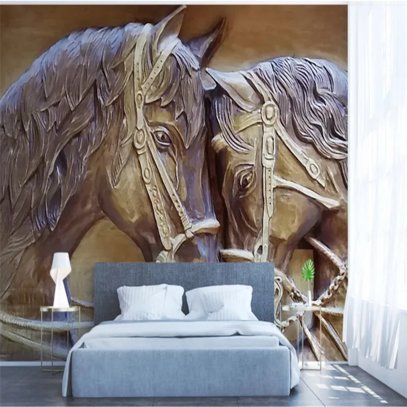Пользовательский рельефный 3D стереоскопический обои с изображением пары лошадей для жилой комнаты и спальни, фоновая стена свадебной обоев.