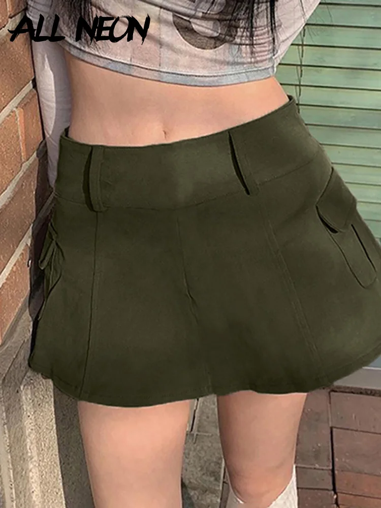 

ALLNeon Y2K Streetwear Cute Low Waist Micro Skirts E-girl Aesthetics Retro Pockets Trim Solid Black A-line Skirt Women's Bottoms