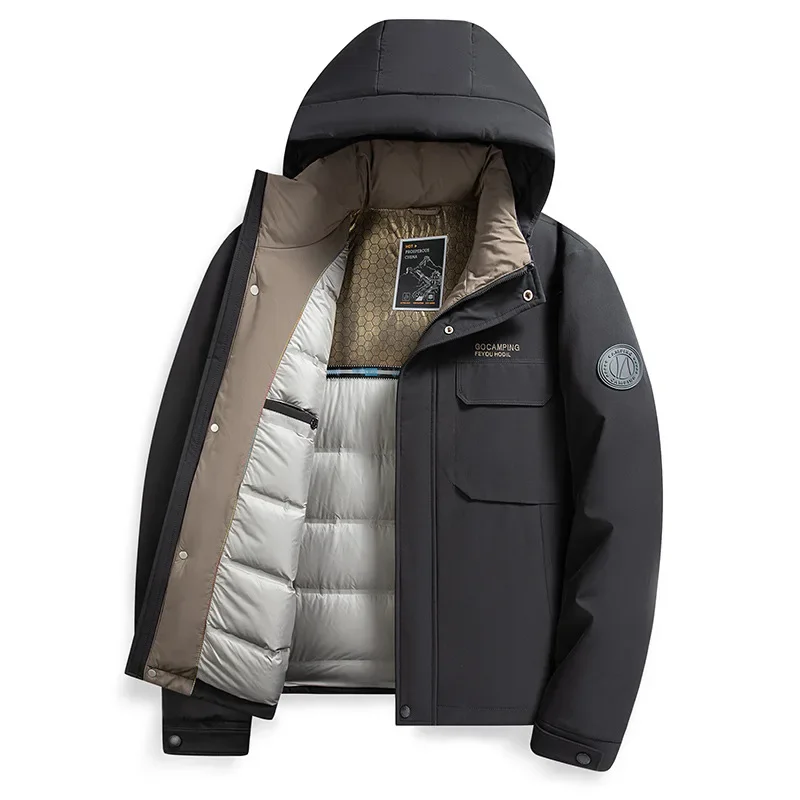Зимнее теплое утепленное пуховое пальто мужское с капюшоном и съемной