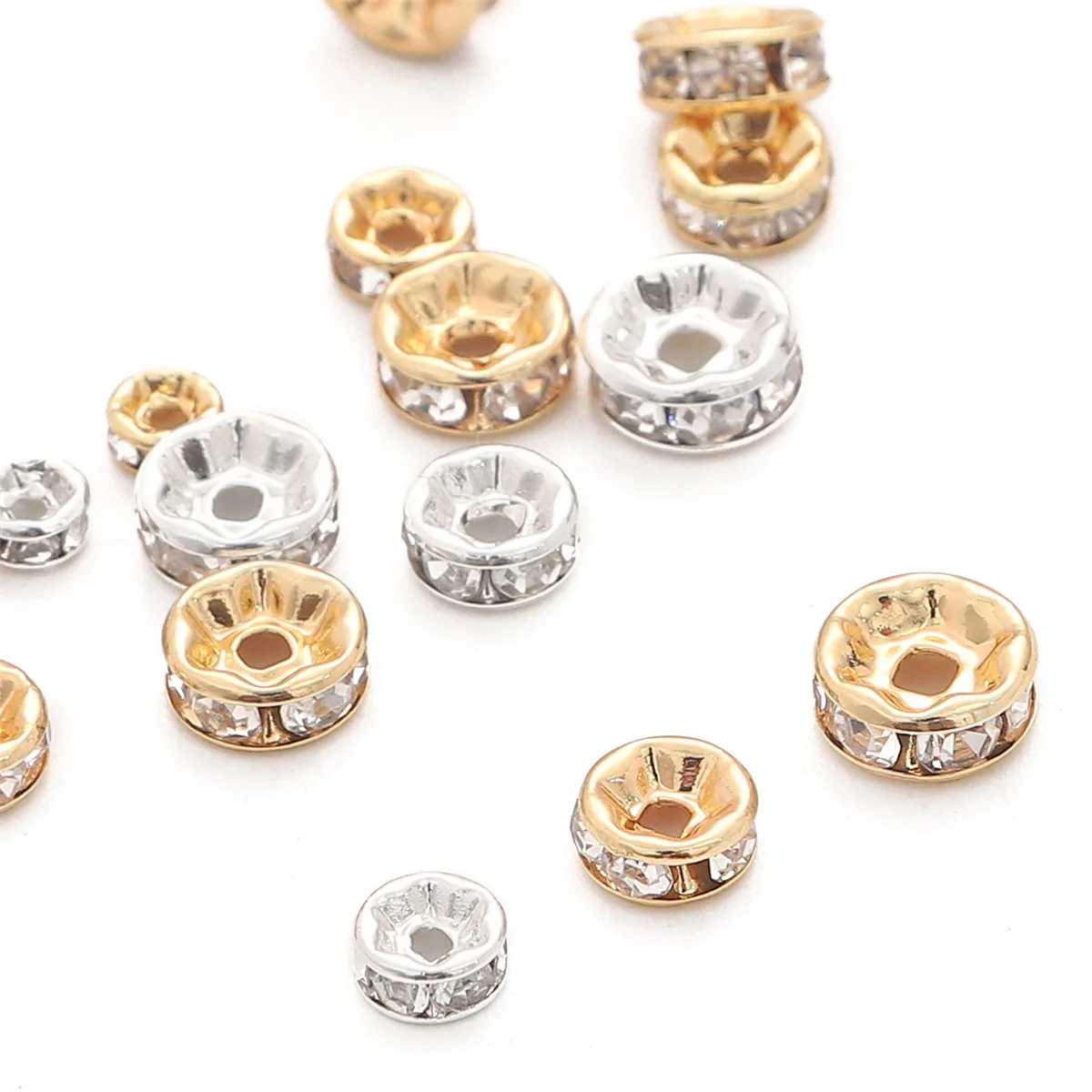 

50pcs/lot 4 6 8 10mm Gold Color Rhinestone Rondelles Crystal Bead Loose Spacer Beads for DIY Jewelry Making Accessories Supplie