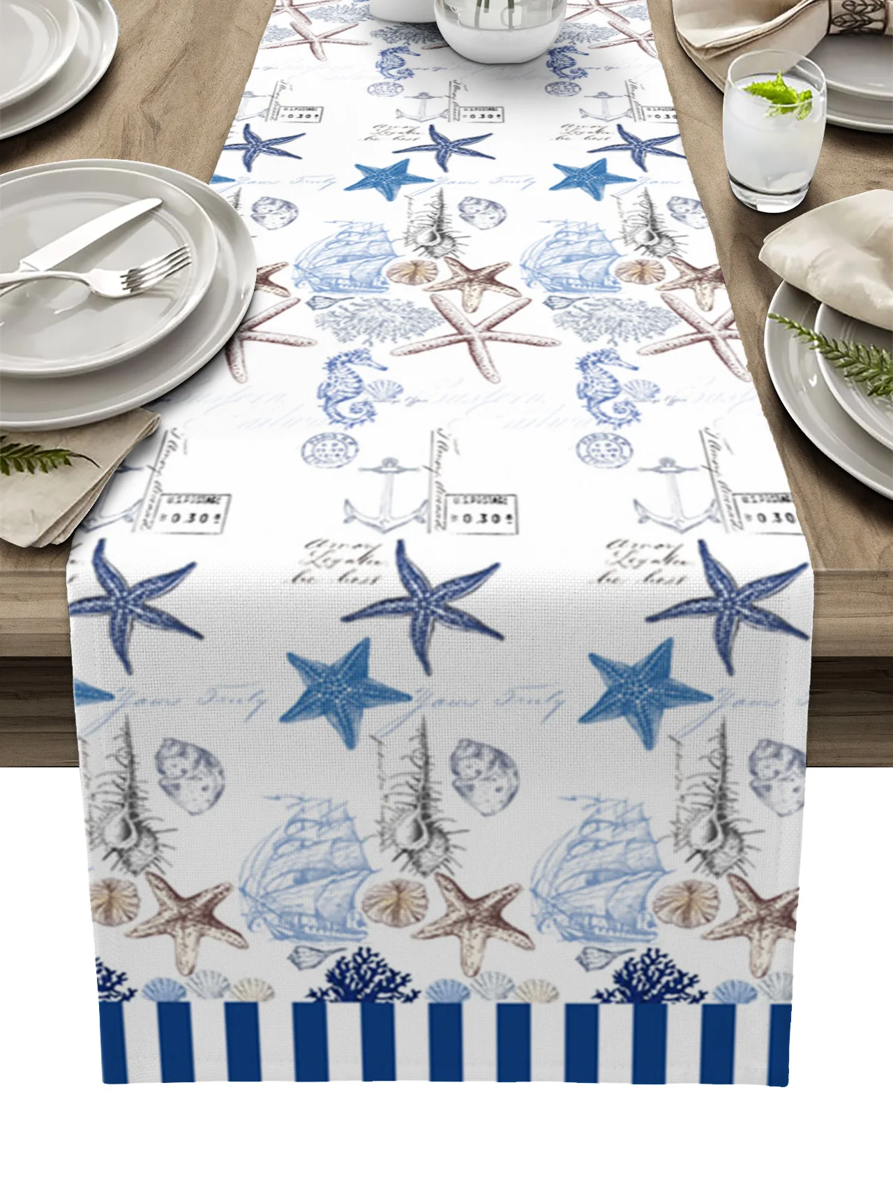 

Blue-brown Ocean Starfish Shell Coral Vessel Stripes Table Runner Decoration Home Decor Dinner Table Decoration Table Decor