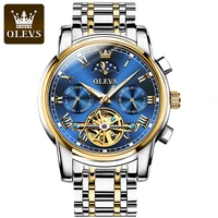 olevs mechanical luminous waterproof clock automatic mens watches tourbillon watch fashion blue dial stainless steel strap 6617