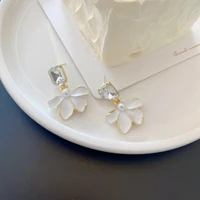 cute white petal leaf pendant earrings for women gold plated square zircon stud earrings vintage earrings jewelry