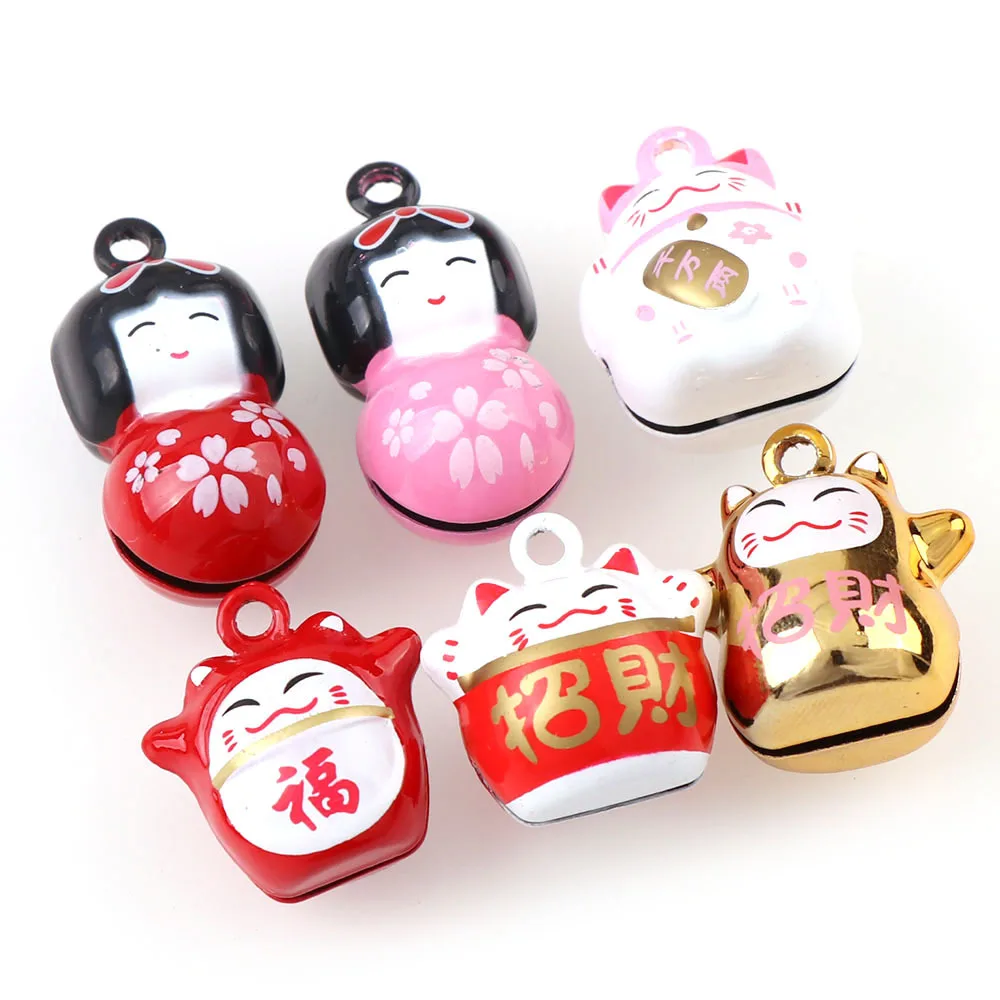 

2Pcs Multicolor Kimono Girl/Fortune Cat/Foo Cat Charms Cartoon Jingle Bells Christmas Decoration Gift Handmade Craft Accessories