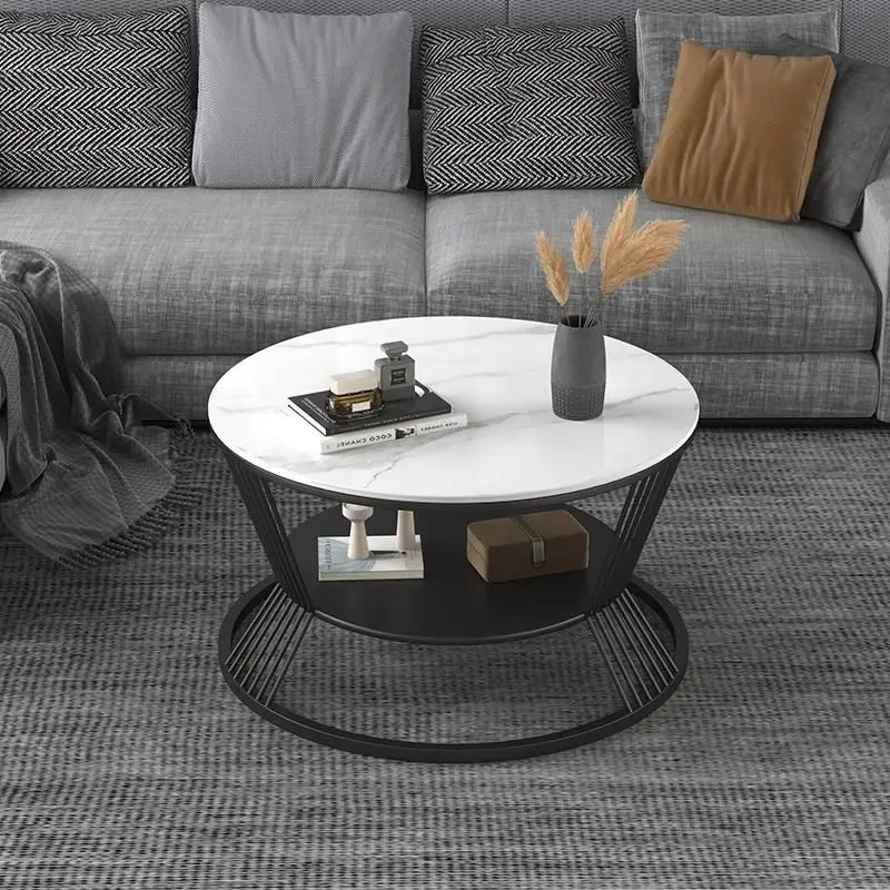 

Nordic small apartment light luxury marble round double-deck coffee table living room home simple modern rock slab tea table