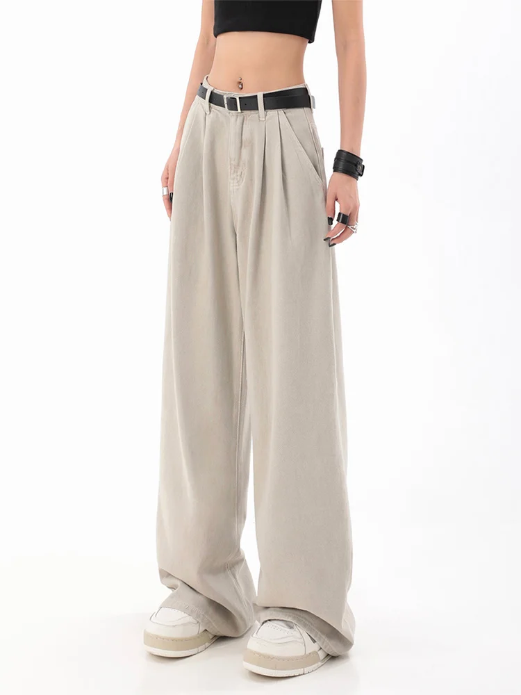 

Женские джинсы с широкими штанинами, модные мешковатые плиссированные джинсы в Корейском стиле, длинные брюки, уличная одежда, винтажные классические прямые базовые брюки, новинка 2023