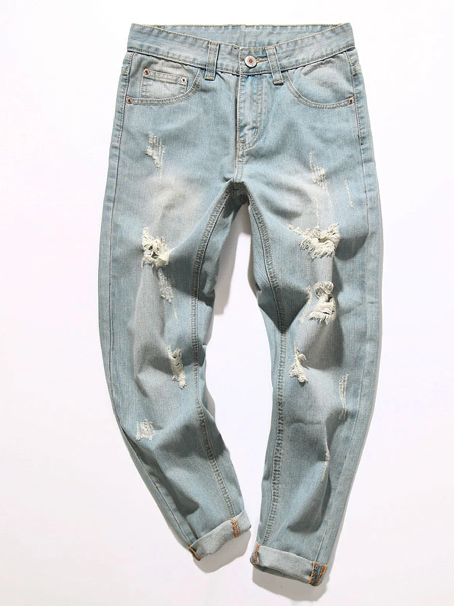 Spring and Autumn Korean Version Men's Ripped Straight Jeans Casual Nine-point Pants Fashion Streetwear Men's Ins Hot Sale JEANS