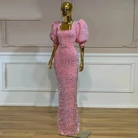 sparkly pink sequined evening dresses for woman girl high waist puff sleeve floor length long special occasion prom dress