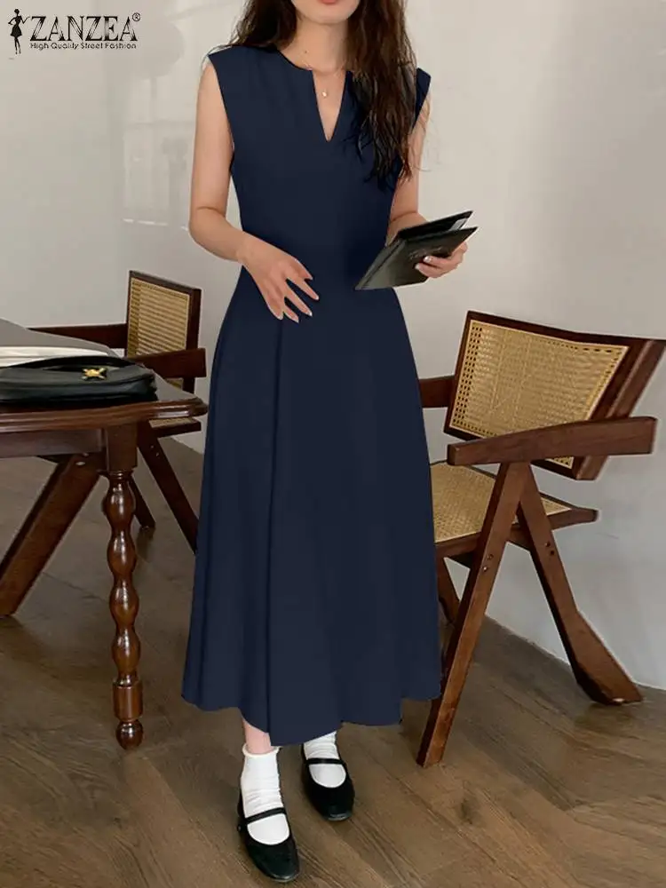 

ZANZEA 2023 Summer Casual Tank Dress Sleeveless Solid Color Midi Dress Waisted A-line Robes Women Fashion Office Elegant Vestido