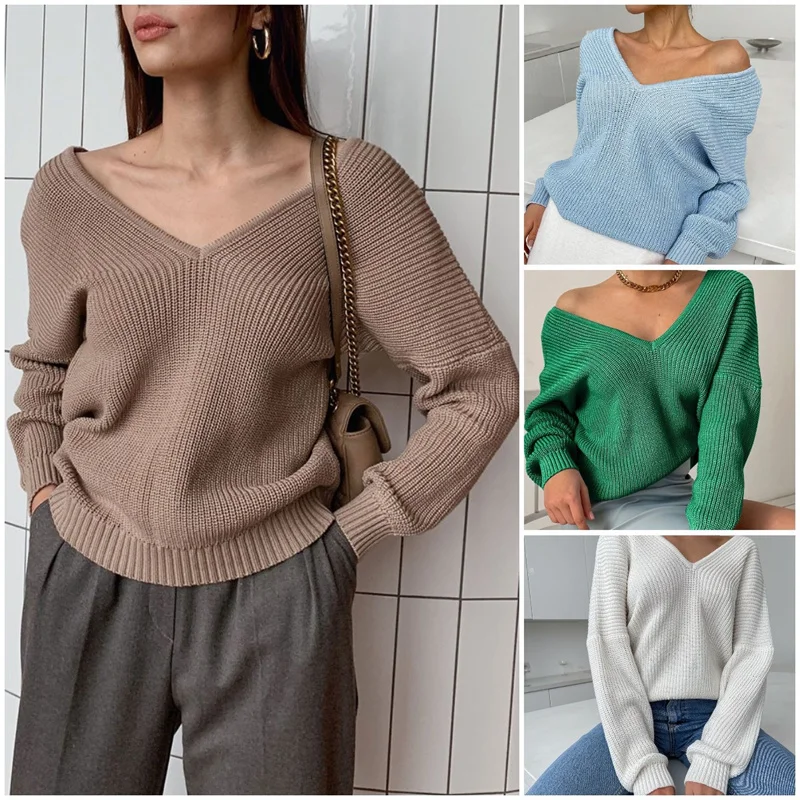 Women's Oversize Sweater Knitted Autumn Winter V Neck Solid Thick Knit Pullover 2022 Long Sleeve Soft Warm Sweaters For Mom