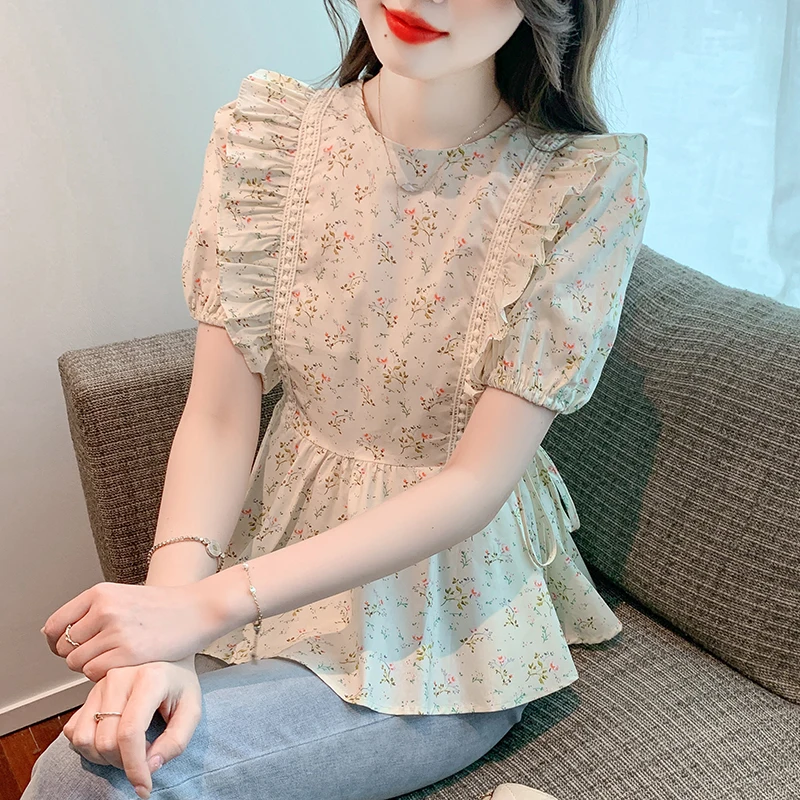 

Chiffon Women's Shirt Summer 2023 New Prints Blouses Ruffles Slim Casual Short Sleeve Top O-neck Ladies Clothing YCMYUNYAN