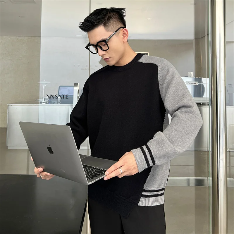 Мужские пуловеры с круглым вырезом вязаные свитера в стиле пэчворк осенняя