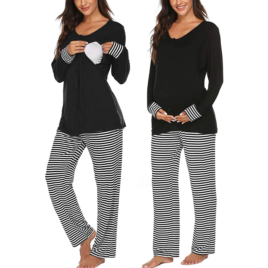 

Long Sleeve Pajamas For Pregnant Nightwear Maternity Long Sleeve Nursing Baby T-Shirt Tops+Adjustable Pants 2pcs Pajamas Set