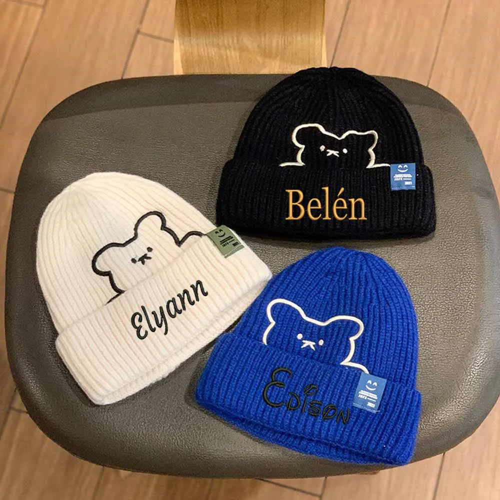 

Customized Embroidered Parent-child Hat Little Bear Men And Women Autumn And Winter Wool Hat Student Name Cartoon Knitted Hat