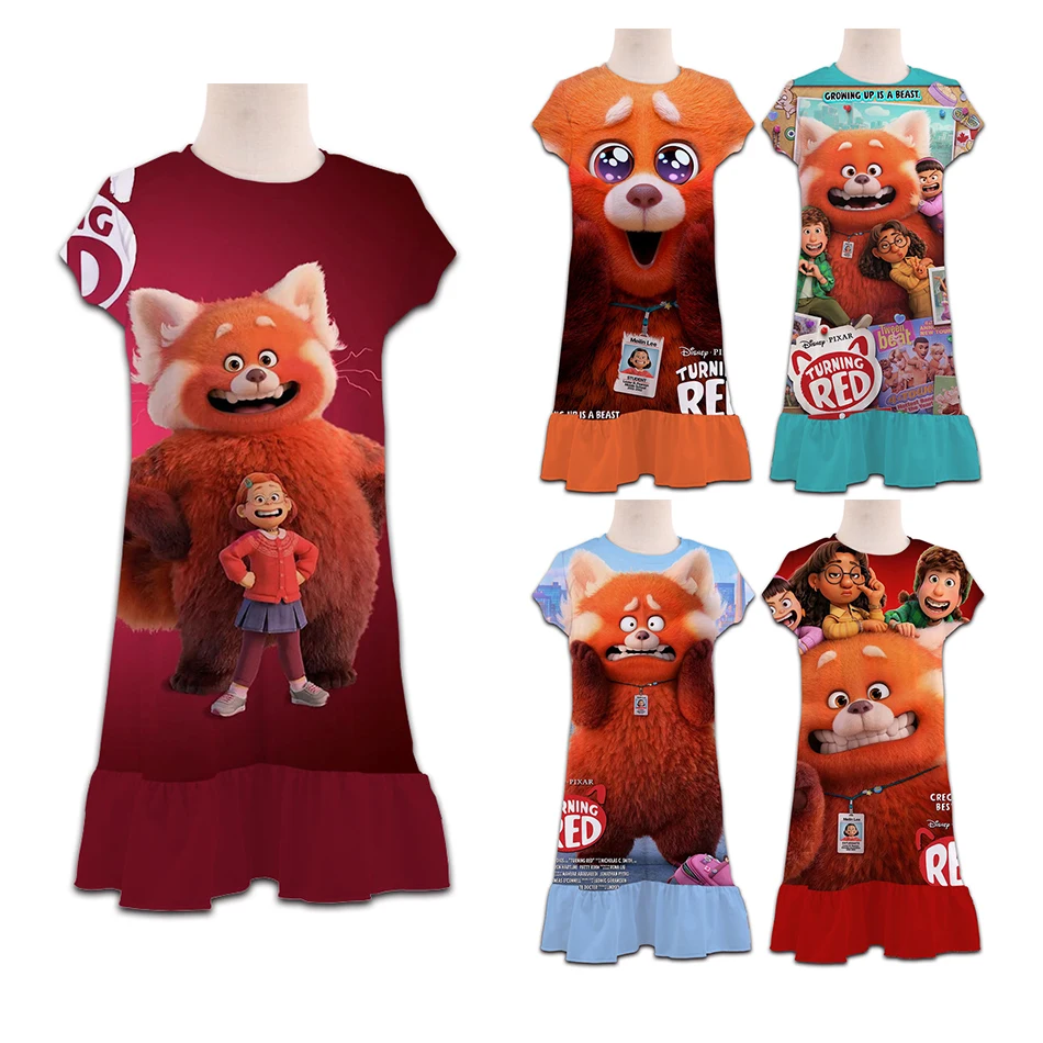 Детское платье принцессы летнее красное с принтом медведя |