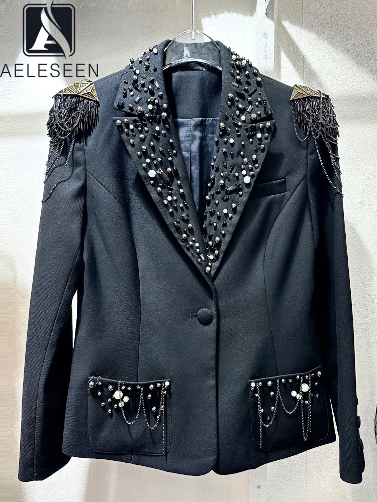 

AELESEEN Runway Fashion Women Blazer Spring Autumn Black Luxury Beading Pearls Chains Pocket High Street Ladies Coat