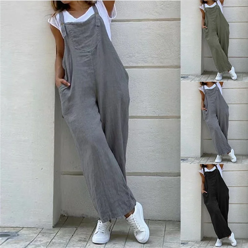 Suspender Solid Long Women NewJumpsuit Casual High Waist Cotton Linen Women Jumpsuits Pocket Straight Button Jumpsuits Loose 5XL