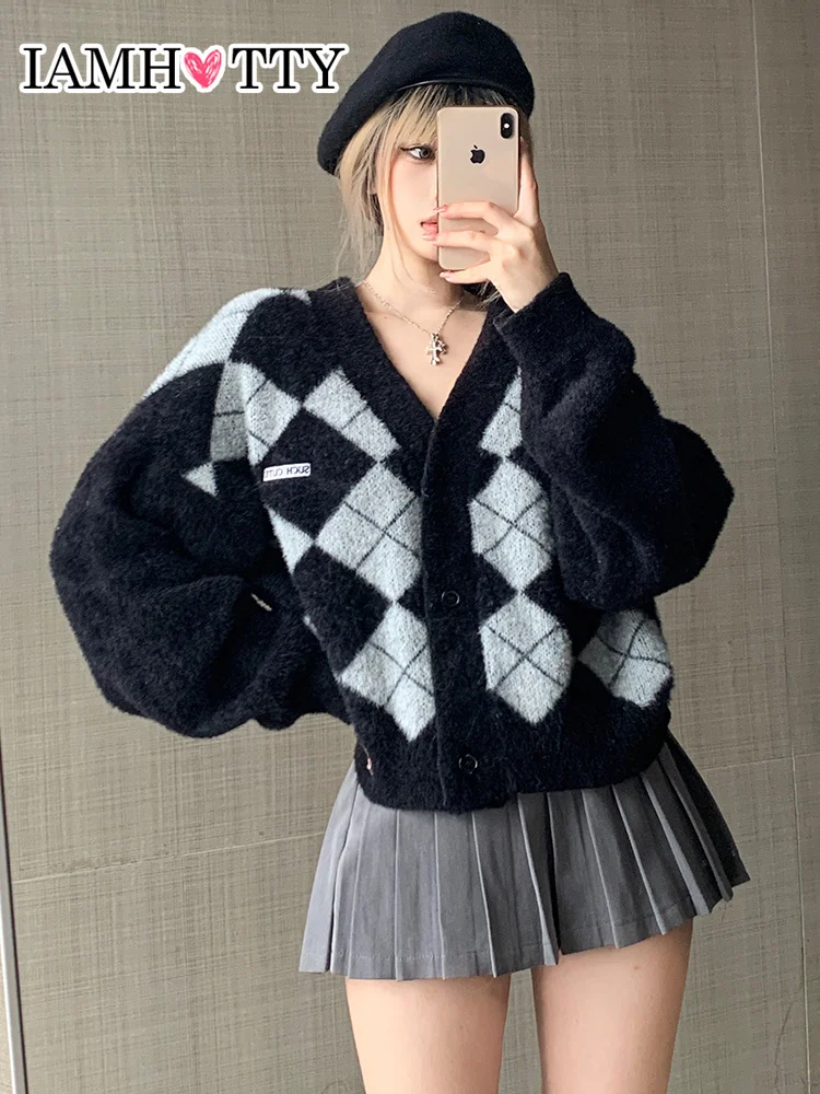 

Женский вязаный кардиган IAMHOTTY в корейском и японском стиле, свободный свитер в стиле Харадзюку с узором ромбиками и V-образным вырезом, тепл...