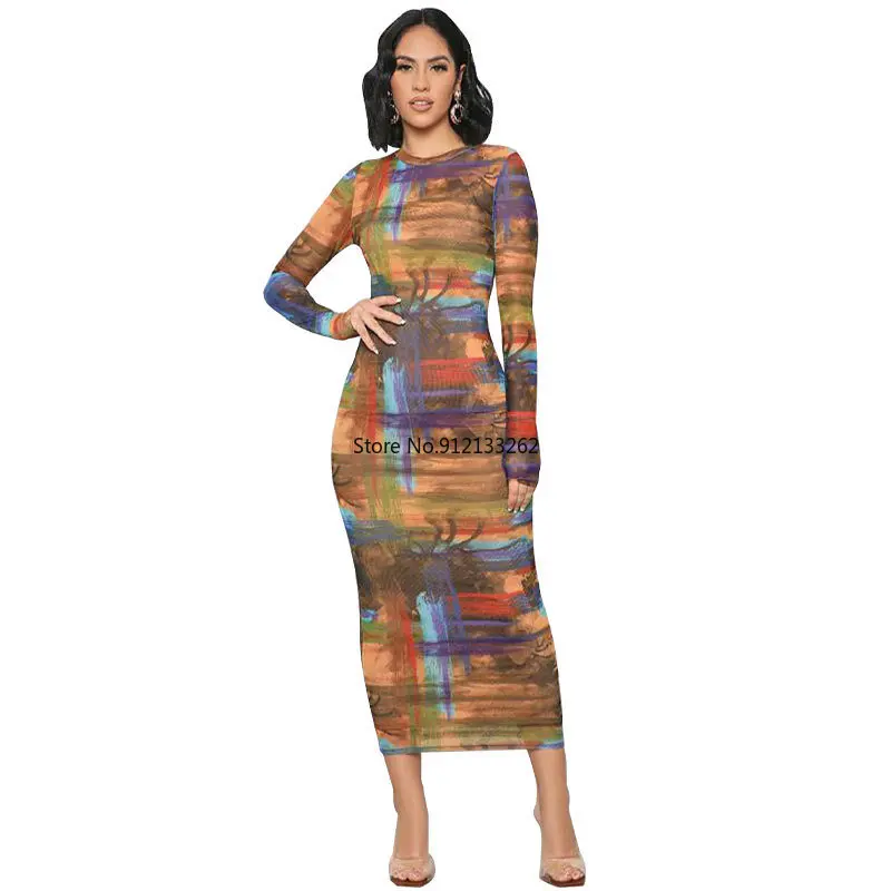 

African Print Dresses Autumn African Women Long Sleeve O-neck Polyester Dress S-2XL African Dresses for Women