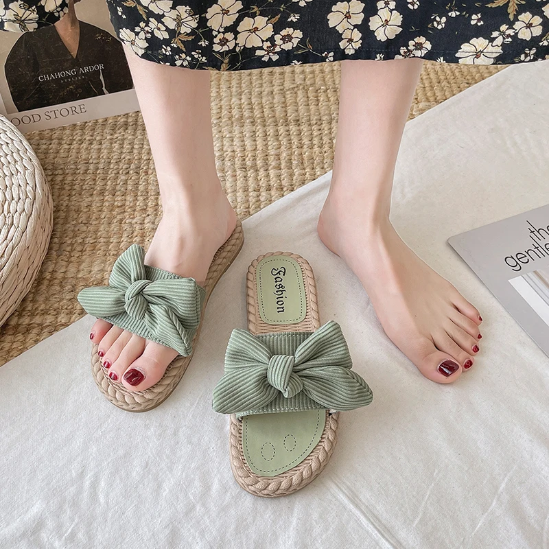 

Shoes Slippers Casual Slides Slipers Women Low Butterfly-Knot Luxury Summer Flat Soft 2022 PU Rubber Butterfly-knot Basic Cotton