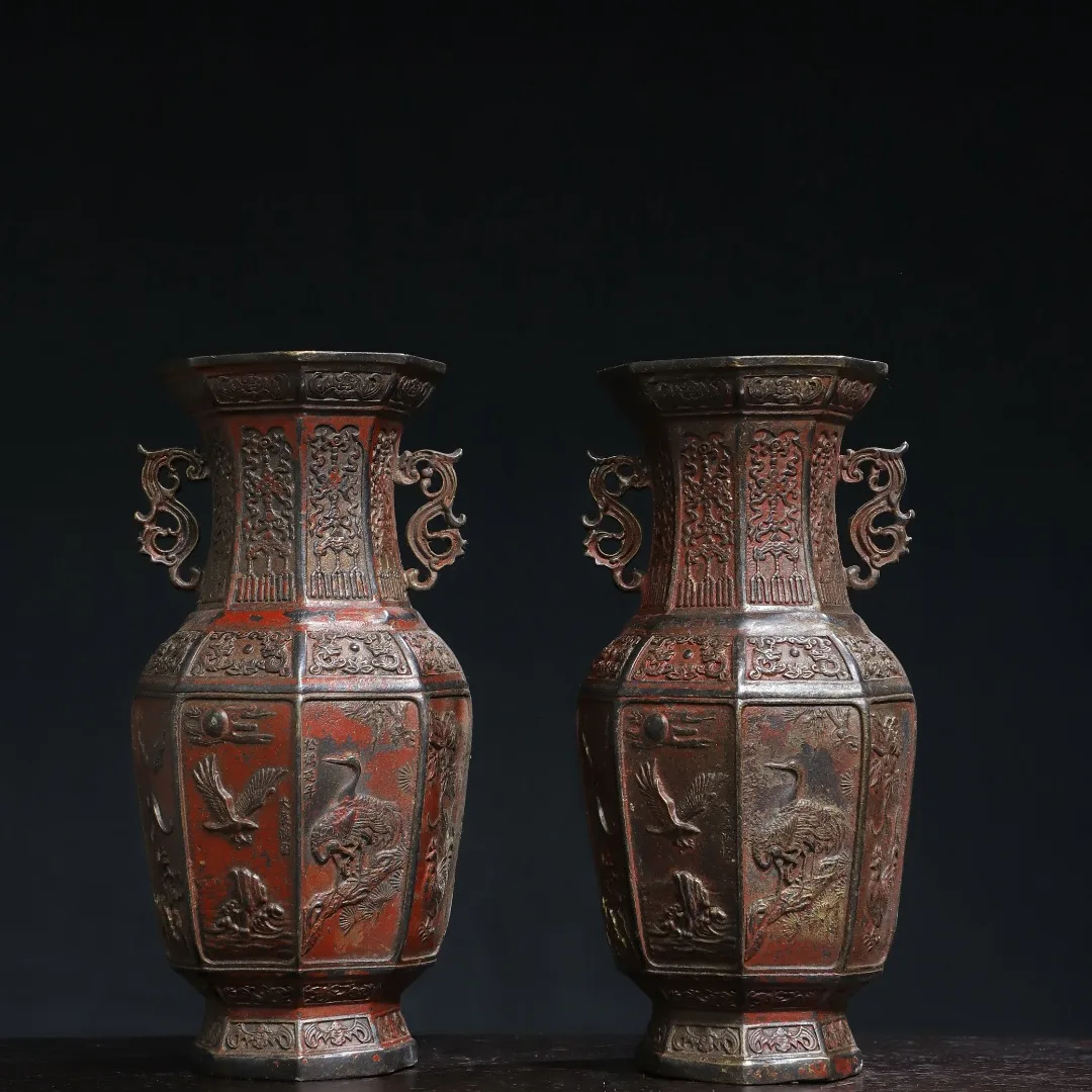 

9"Tibet Temple Collection Old Bronze Cinnabar Mud gold Longevity Crane Texture Octagonal Vase A pair Worship Hall Town house