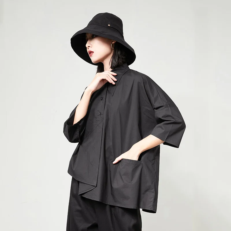 

Women's Wear Cold Wind Abstinence Asymmetrical Pressed Pleated Lapel Cropped Sleeve Shirt