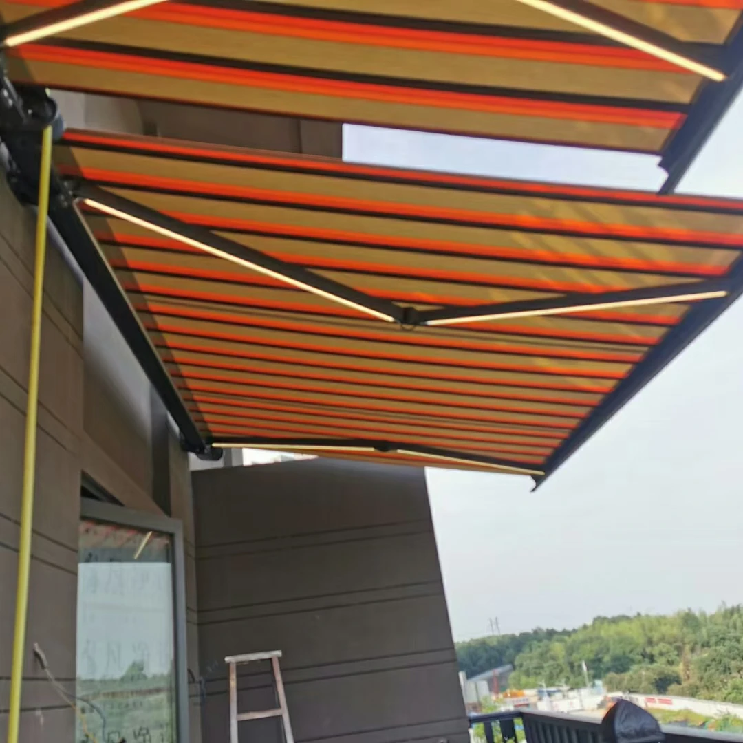 Sunshade Folding Arm Motorized Outdoor Retractable Awning Full Cassette Awning With Led Light