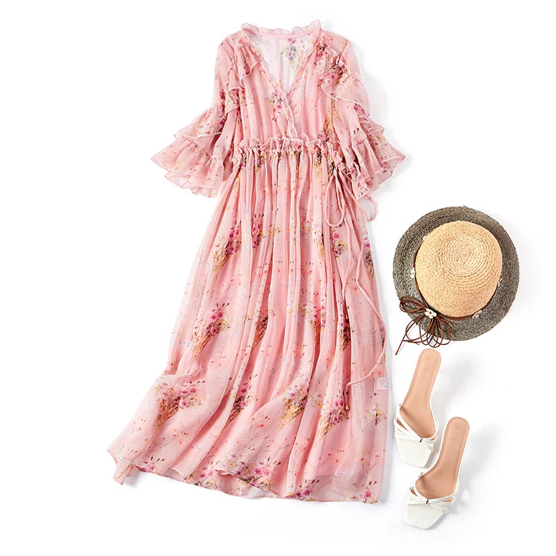 

Summer Dress 2022 100% Silk Short Sleeve Dress Korean Elegant Dresses for Women Casual Pink Midi Clothes Vestido De Mujer