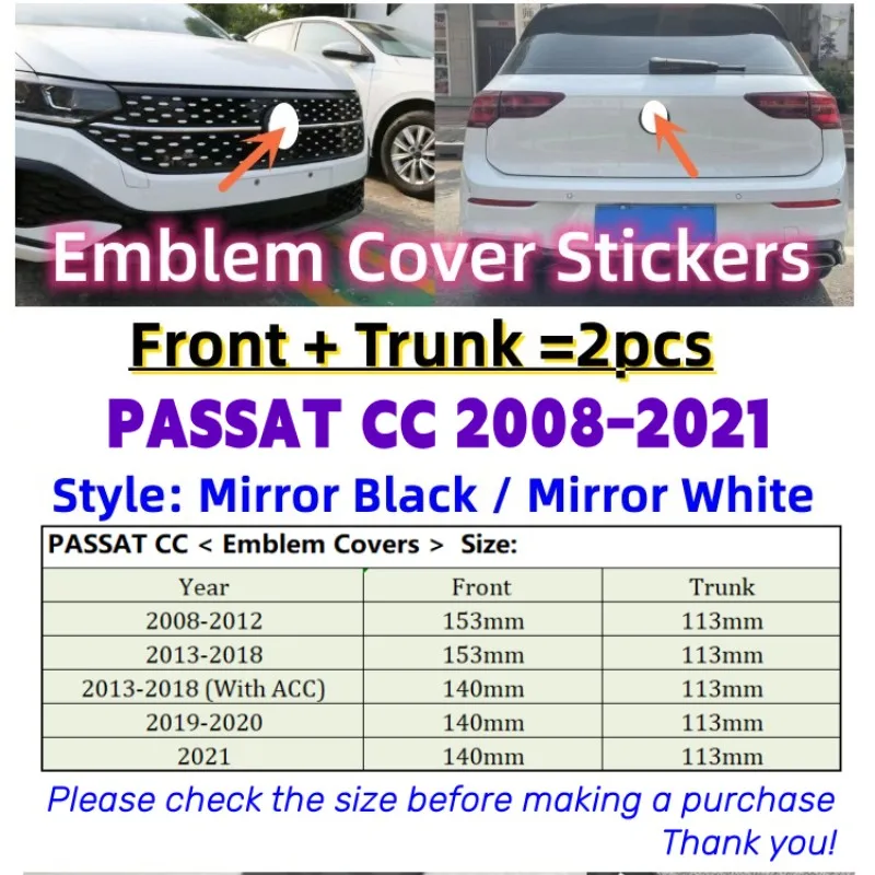 

2pcs Front Grille Emblem Mirror Cover & Rear Trunk Lid Badge Cover Sticker For PASSAT CC 2008-2021 Not affect radar ACC function
