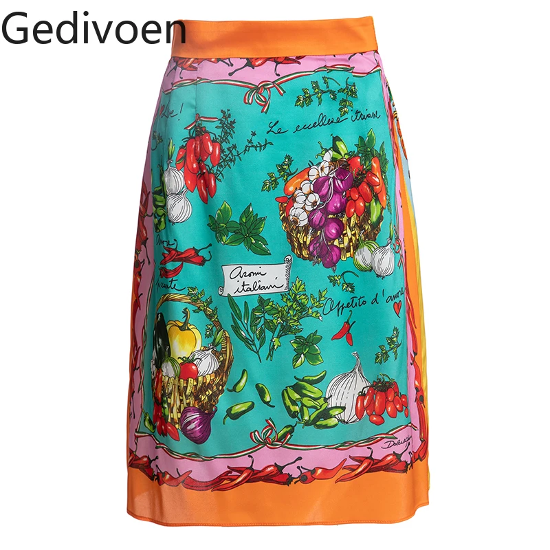 

Gedivoen Fashion Runway Designer Summer Silk Skirts Women's High waist Green Vegetable and Fruit Printing Vintage Skirts