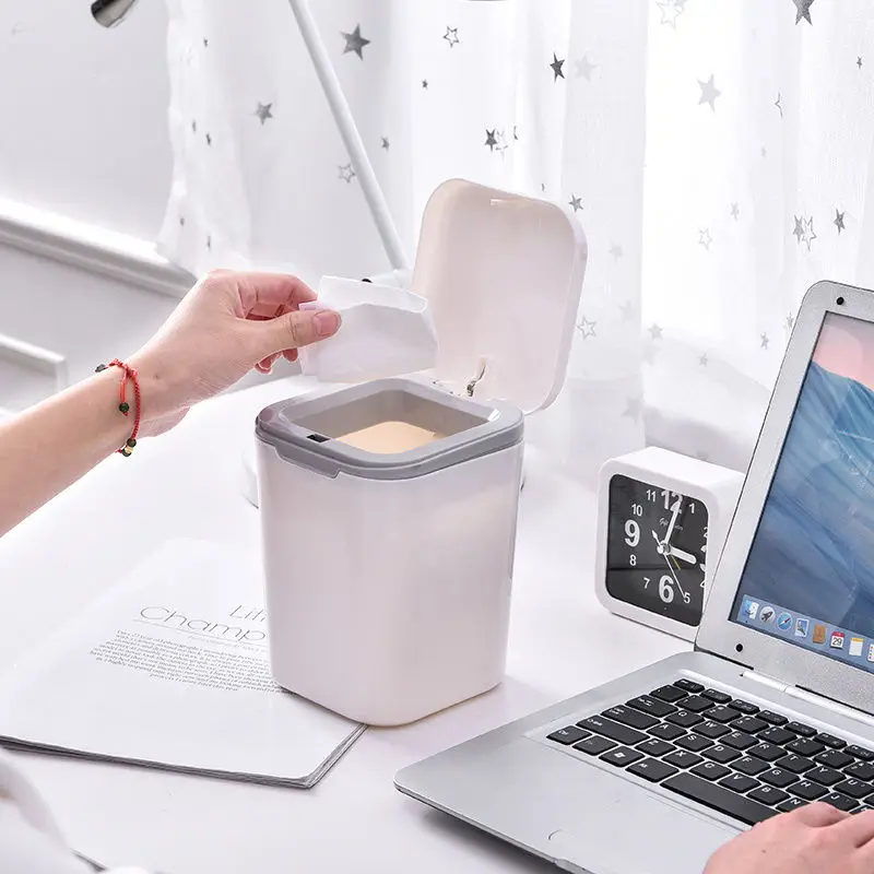 

2L Clamshell Desktop Trash Can For Office Mini Push Type Trumpet Desk Waste Paper Basket Bedroom Bedside Press Storage Bucket