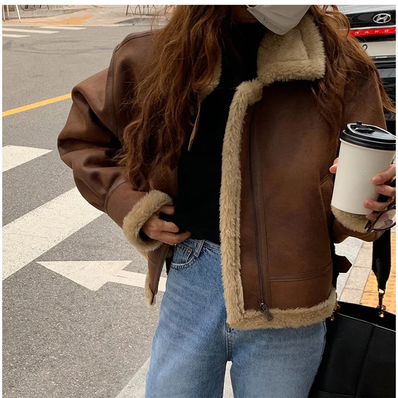 Lamb Fur Coat Deerskin Brown Jacket Women brown tops Winter Fur Integrated Motorcycle Suit Women's Loose Street Retro Jacket