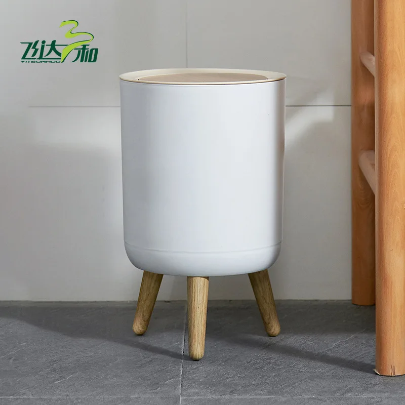 

Online celebrity high trash can household kitchen bathroom hotel wood grain pressing plastic trash can with lid