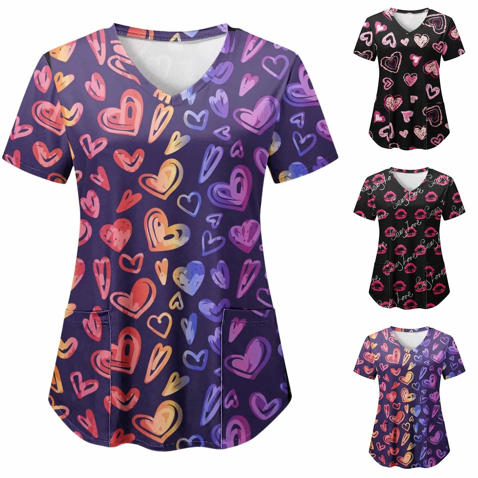 

Valentine's Day Nurse Uniforms Women Short Sleeve V Neck Pink Heart Print Shirts Working Uniform Workwear Medical Scrubs Carer