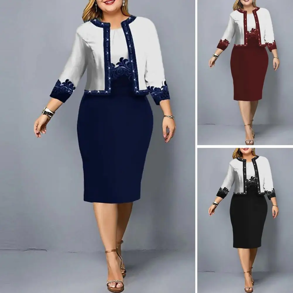 

S-5XL 2 Piece Women Coat Dress Sets Flower Print Three Quarter Sleeves Coat Knee Length Vest Dress Lady Summer Spring Outfits