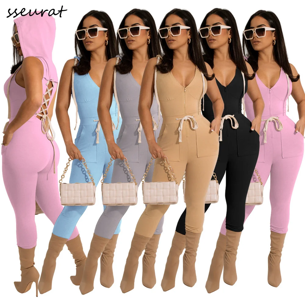 

Женские повседневные однотонные облегающие Комбинезоны на молнии, цельный комплект, лето 2022, женские модные облегающие эластичные брюки-ка...