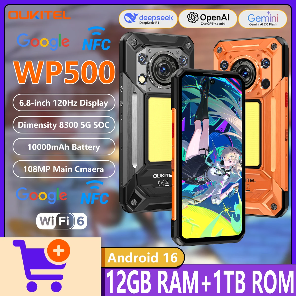 Фото OUKITEL WP500/WP500 Ultra 5G AI Защищенный смартфон с процессором Dimensity 8300, 6,8-дюймовым дисплеем 120 Гц, 12 ГБ ОЗУ + 1 ТБ ПЗУ, аккумулятором 10000 мАч, быстрой зарядкой 45 Вт, Android 16 №1