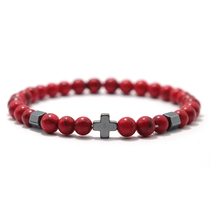 Мужской браслет с простым крестом 6 мм натуральный красный лаванда говлит