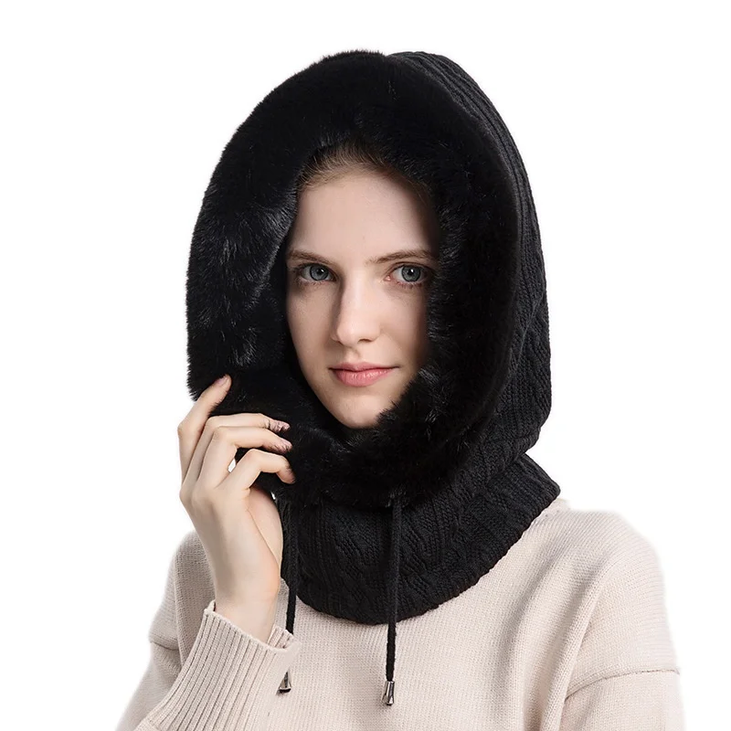 Winter Russian Outdoor Skiing Windproof Cap Fur Hat Muzzle Set Hooded Women's Knitted Cashmere Neck Warmth Thick Plush Beanie |