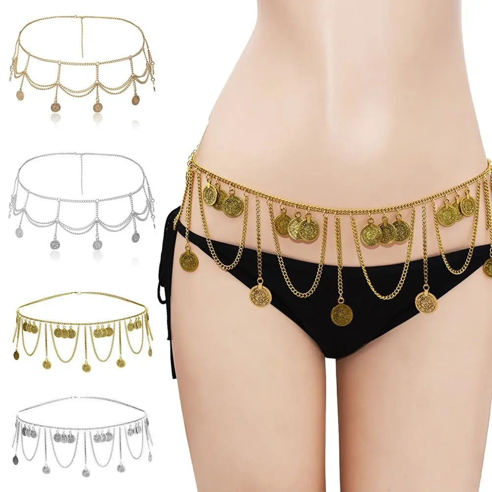 

Belly Dance Body Jewelry Elegant Slimming Cummerbands Metal Chain Belt Crystal Waist Band Coin Tassel Pendant Waistband