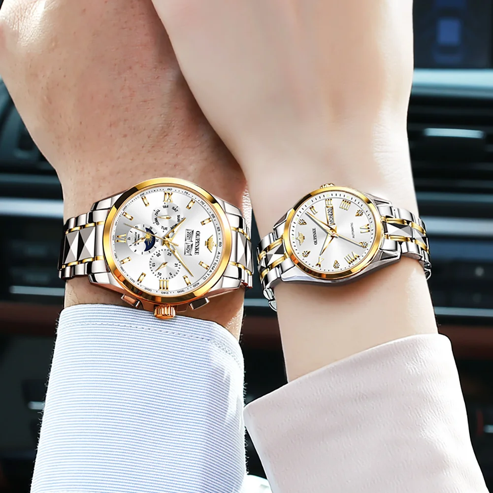 OUPINKE New Couple Mechanical Watch Sapphire Tungsten Steel Skeleton Waterproof Luminous Fashion Necklace Bracelet Couple Watch